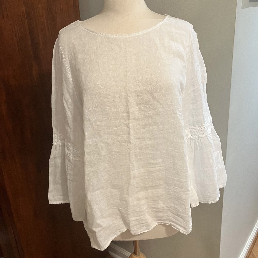 Francesca Bettini Italian Linen Lace-Trimmed Tunic Top White Sz Large